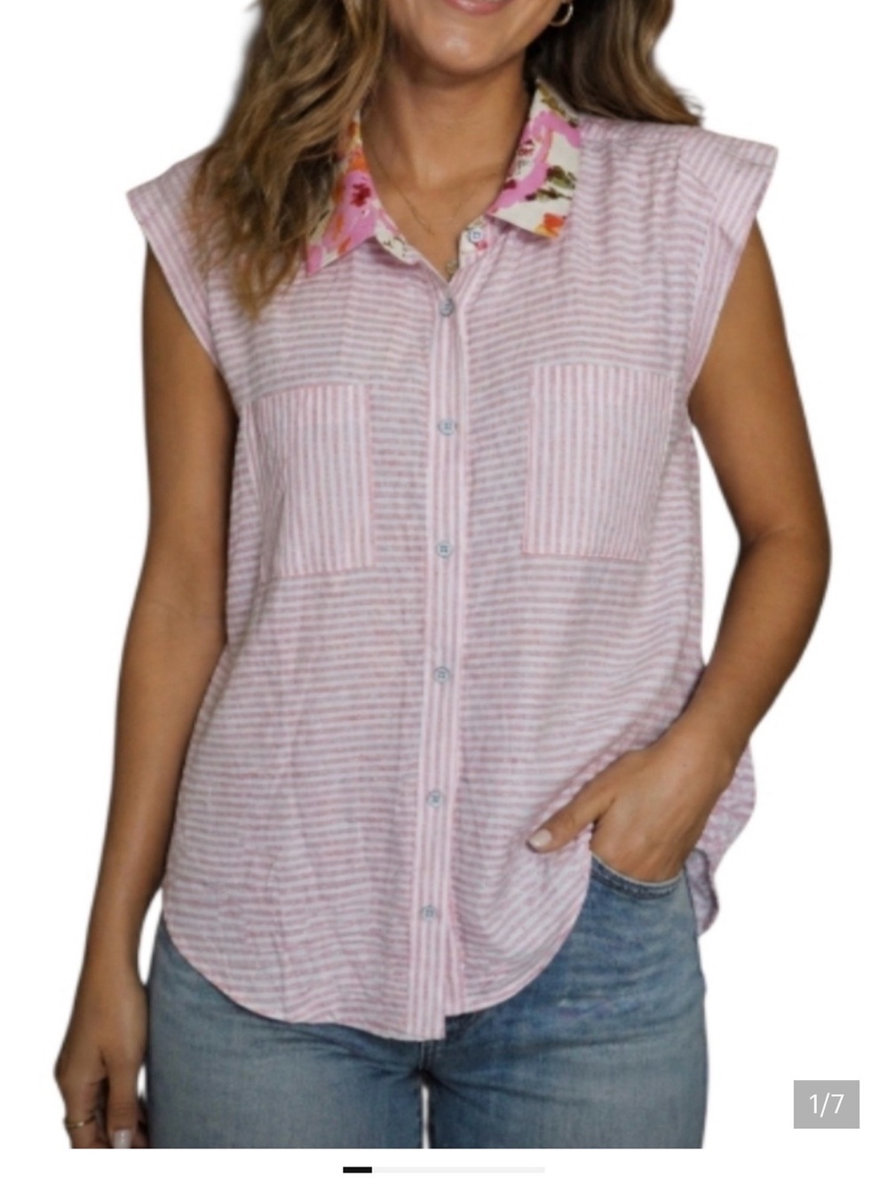 Cabi Pink Striped Button-Front Top Linen Blend with Floral Collar